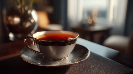 A cup of tea sits on a saucer in a cozy room with a blurred backgroundの素材