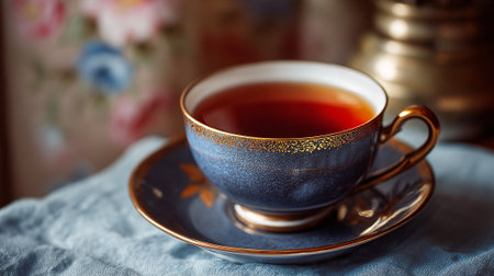 A cup of tea sits on a saucer with a floral backgroundの素材