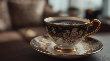 A delicate tea cup with gold trim sits on a matching saucer on a dark tableの素材