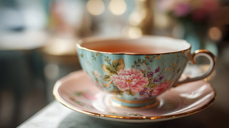 A delicate floral teacup and saucer on a marble table in a cozy cafe settingの素材
