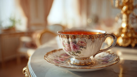 A delicate floral teacup and saucer on a marble table in a luxurious roomの素材