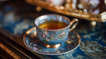 A delicate blue teacup with floral patterns sits on a matching saucer on a tableの素材