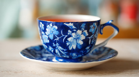A blue and white floral tea cup and saucer on a wooden tableの素材