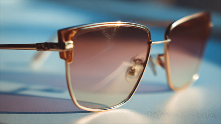 A pair of stylish sunglasses with gradient lenses on a reflective surfaceの素材