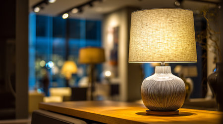Illuminated Table Lamp Shining in a Modern Interior, Warm Light Glowの素材
