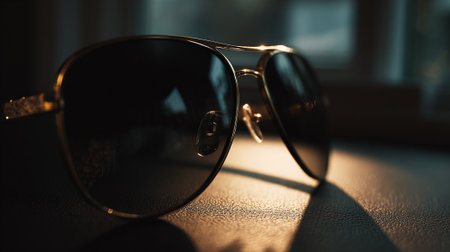 A pair of stylish sunglasses sitting on a table by the window with sunlight shining on themの素材