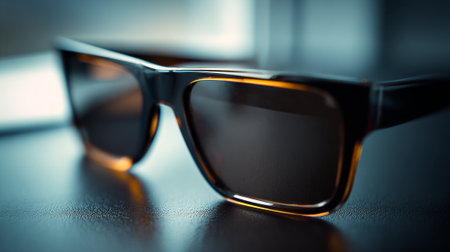 A pair of sunglasses with dark lenses and tortoiseshell frames on a tableの素材