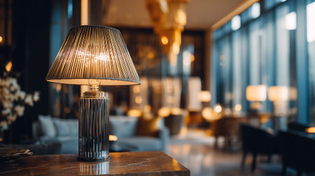 Elegant table lamp glowing in a sophisticated hotel lobby environment.の素材