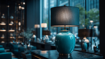 Elegant Turquoise Lamp Shines in Luxurious Interior with Soft Backlighting.の素材