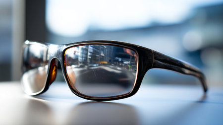 A pair of stylish sunglasses with reflective lenses on a table indoorsの素材