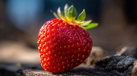 A ripe red strawberry sitting on a piece of wood in a natural settingの素材