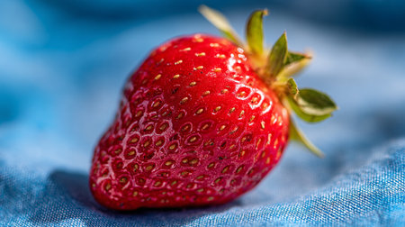 A ripe red strawberry sitting on a blue fabric surfaceの素材