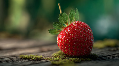 A ripe red strawberry sits on a mossy wooden surface in a natural settingの素材
