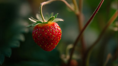 A ripe red strawberry hanging from a green stem in a lush gardenの素材