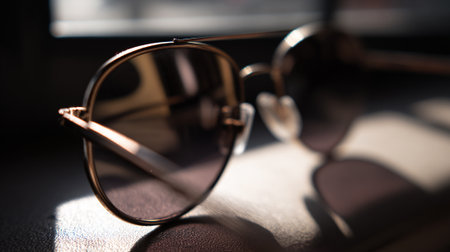 A pair of stylish sunglasses with brown lenses on a dark surfaceの素材