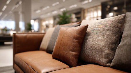 A stylish brown leather sofa with decorative pillows in a modern living room settingの素材