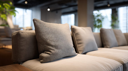 A modern living room with a beige couch and decorative pillowsの素材