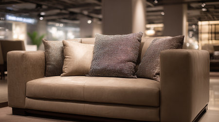 A beige sofa with patterned pillows in a modern living room setting with warm lightingの素材