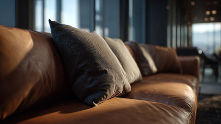 A modern brown leather sofa with pillows in a stylish living room with large windowsの素材