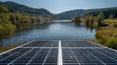 A serene lake surrounded by lush greenery and mountains with a solar panel array in the foregroundの素材