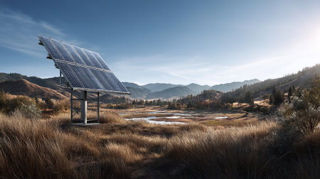 A large metal sculpture stands in a serene landscape with mountains and a clear blue skyの素材
