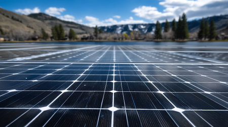 A large field of solar panels in a mountainous landscape with trees and a blue skyの素材