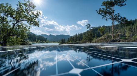 A serene landscape of solar panels reflecting a blue sky with trees and mountains in the background.の素材