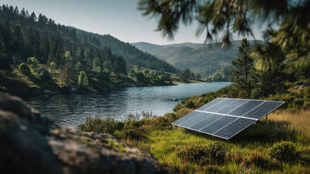 A solar panel installation on a grassy hillside overlooking a serene lake surrounded by lush green forests and rolling hills.の素材