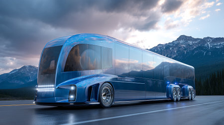 Futuristic Blue Luxury Bus RV Driving on Scenic Highway with Mountainsの素材