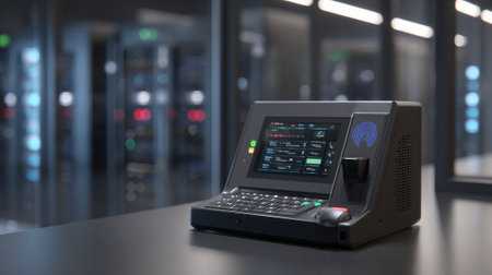 Computer terminal in server room with keyboard and screen displayの素材