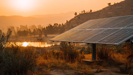 A solar panel array standing in a serene natural landscape at sunsetの素材