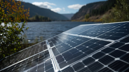 Solar panels installed near a serene lake surrounded by mountains and treesの素材