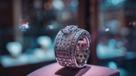 Exquisite diamond ring gleaming under showcase lights, a vision of luxuryの素材