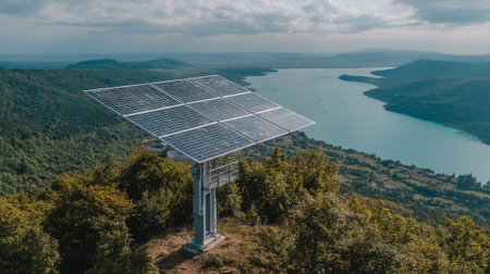 A solar panel array standing on a hill overlooking a serene lake and lush green forestの素材