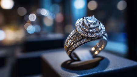 Exquisite diamond engagement ring gleaming elegantly in soft, romantic light.の素材