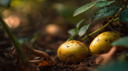 Two Golden Fruits Amongst Earth, Leaves, and Greenery in a Natural Settingの素材