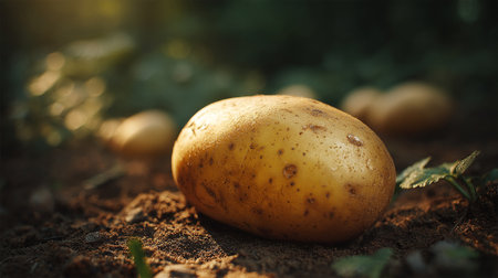 Freshly harvested potato lying on the fertile soil of an organic farmの素材