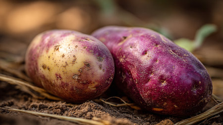 Freshly Harvested Organic Potatoes Laying on Dark Soil in Natural Lightの素材