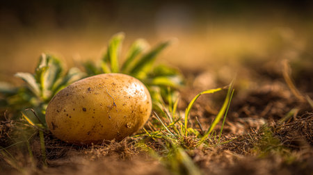 Earthy Delight: A Fresh Potato Resting on Soil in Natural Lightの素材