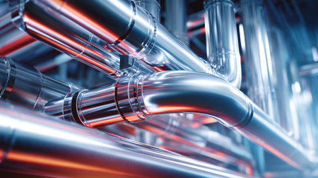 A complex network of shiny metal pipes in an industrial setting with red lightingの素材
