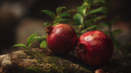 Ripe Pomegranates resting on mossy stone with green leaves, in warm lightingの素材