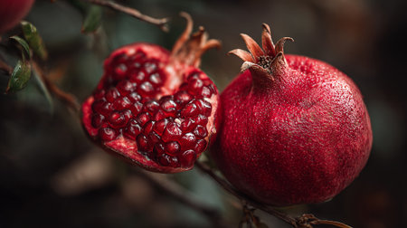 Pomegranates in Dramatic Light Showcase Freshness and Richness of Vibrant Seedsの素材