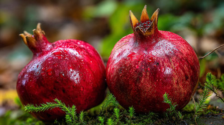 Fresh Pomegranates with Dew Drops Sitting on a Bed of Mossの素材
