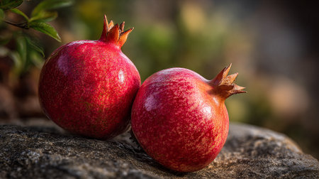 Two vibrant pomegranates resting gracefully on a rustic stone surface.の素材