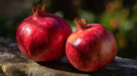 Two Fresh Pomegranates on a Stone Surface, Beautiful and Vibrantの素材