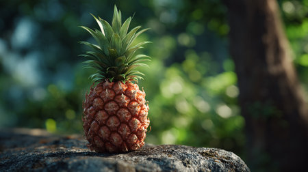 A ripe pineapple sits on a rock in a lush green outdoor setting.の素材