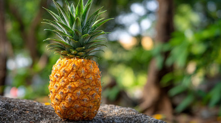 A ripe pineapple sitting on a rock in a lush green tropical environmentの素材