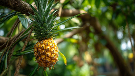 A ripe pineapple grows on a lush green plant in a tropical garden setting.の素材