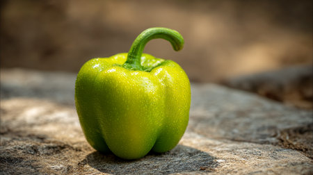 A vibrant green bell pepper sitting on a rustic stone surface in natural lightの素材