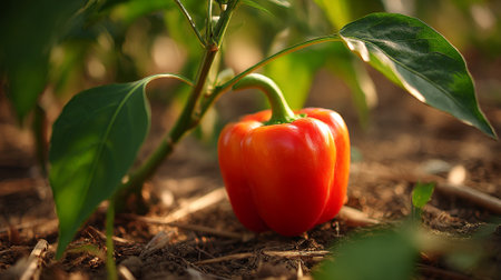 A ripe red bell pepper growing in a garden with green leaves and soilの素材